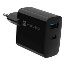 CARGADOR NATEC RIBERA GAN 45W PD3-0 QC3-0 1XUSB-A + 1XUSB-C NEGRO