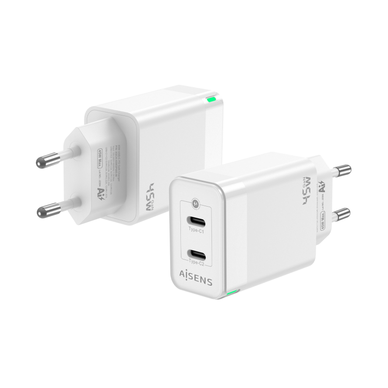 Cargador Gan de Pared Aisens ASCH-45W2P005-W- 2xUSB Tipo-C- 45W