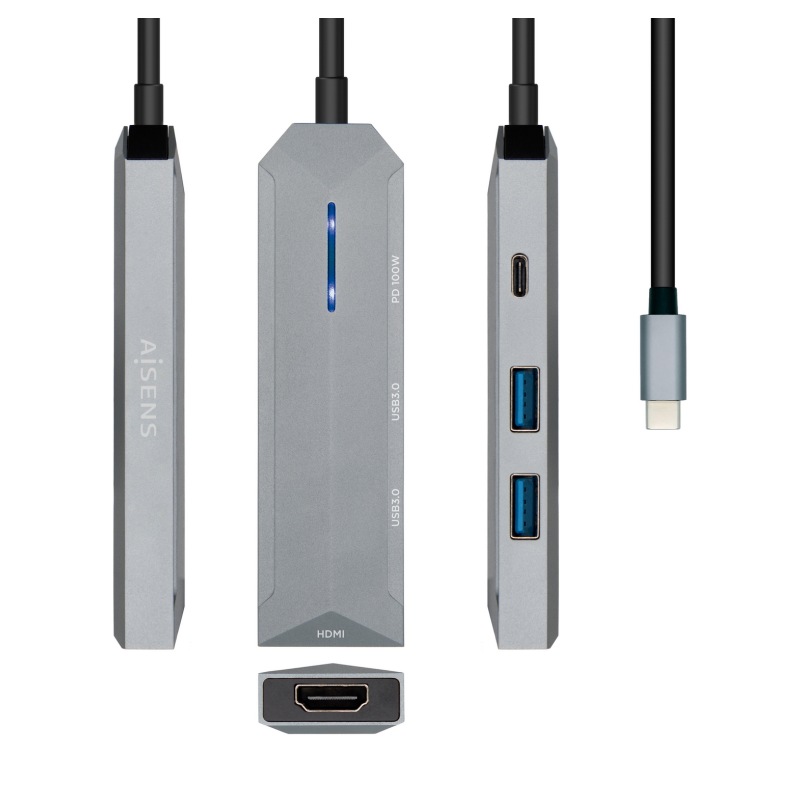 Docking USB Tipo-C Aisens ASUC-4P002-GR- 1xHDMI- 2xUSB- 1xUSB Tipo-C PD- Gris