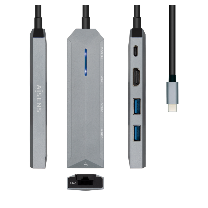 Docking USB Tipo-C Aisens ASUC-5P003-GR- 1xHDMI- 2xUSB- 1xRJ45- 1xUSB Tipo-C PD- Gris