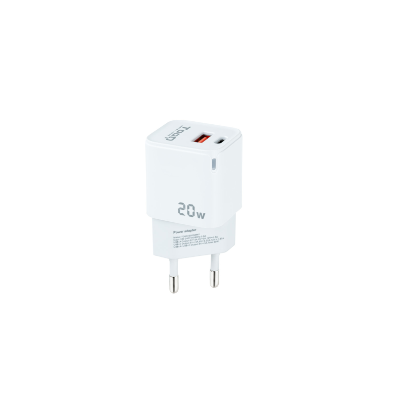 Cargador de Pared TooQ TQWC-QCPD20WT- 1xUSB-Tipo C- 1x USB- 20W- Blanco