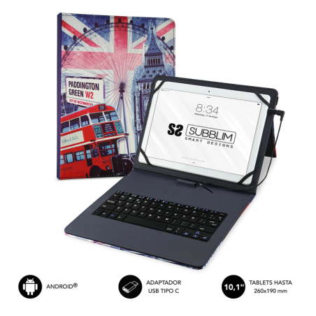 FUNDA TABLET SUBBLIM KEYTAB USB 10,1" ENGLAND