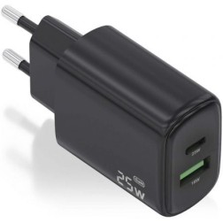 CARGADOR AISENS GAN 25W, 1XUSB-C PD3-0, 1XUSB-A QC3-0, NEGRO