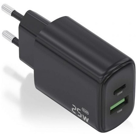 CARGADOR AISENS GAN 25W, 1XUSB-C PD3-0, 1XUSB-A QC3-0, NEGRO