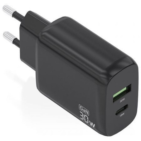 CARGADOR AISENS GAN 30W, 1XUSB-C PD3-0 QC4-0, 1XUSB-A QC3-0, NEGRO