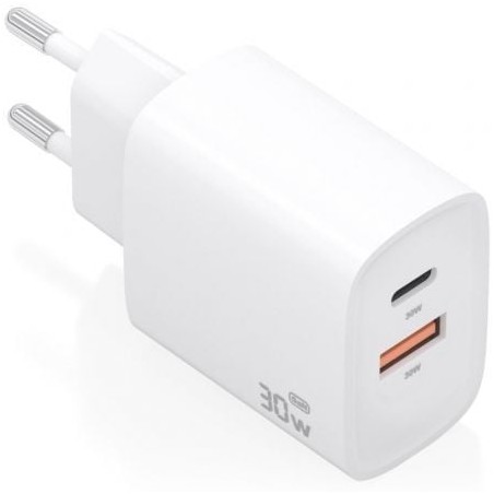 Cargador de Pared GaN Aisens A110-0952- 1xUSB Tipo-C- 1xUSB- 30W- Blanco