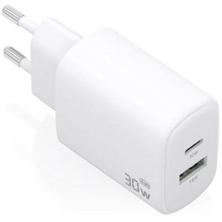 Cargador de Pared GaN Aisens A110-0977- 1xUSB Tipo-C- 1xUSB- 30W- Blanco