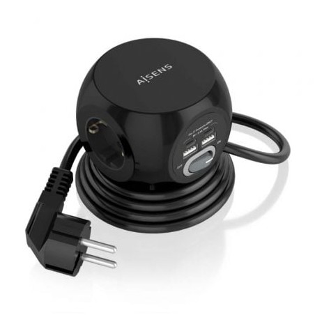 Regleta con Interruptor Aisens ASPS-2A2C05-BK- 3 Tomas de Corriente- 2 USB Tipo-C- 2 USB- Cable 1-4m- Negro