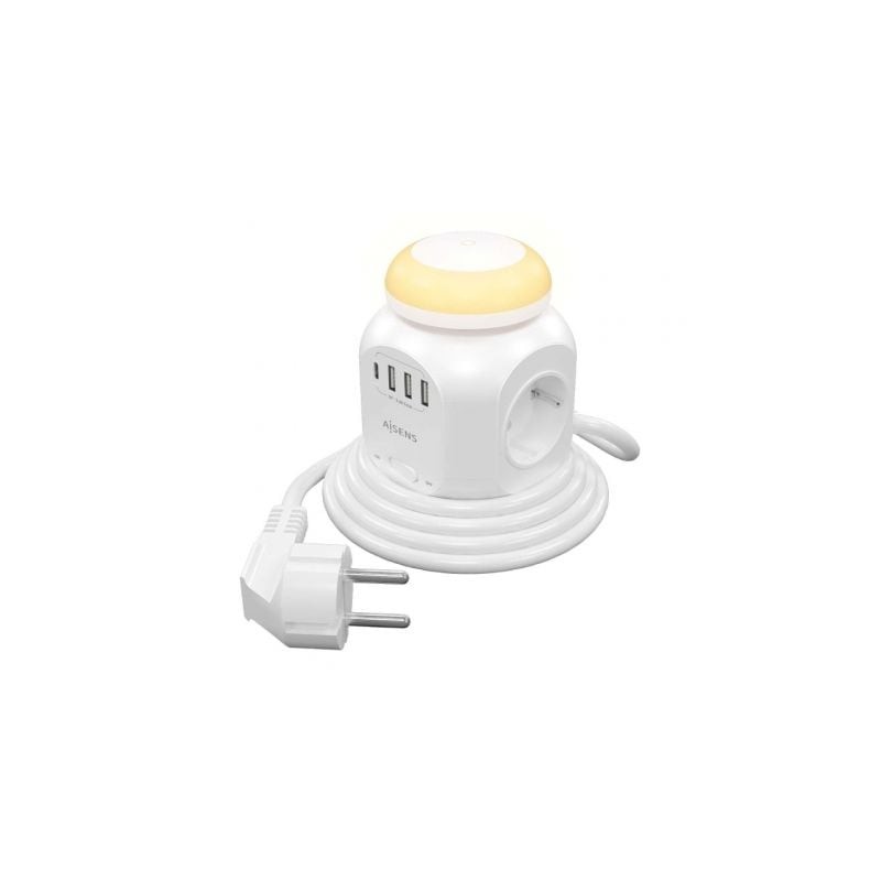 Regleta con Interruptor y Luz Nocturna Aisens ASPS-3A1CL01-W- 4 Tomas de Corriente- 1 USB Tipo-C- 3 USB- Cable 1-8m- Blanco