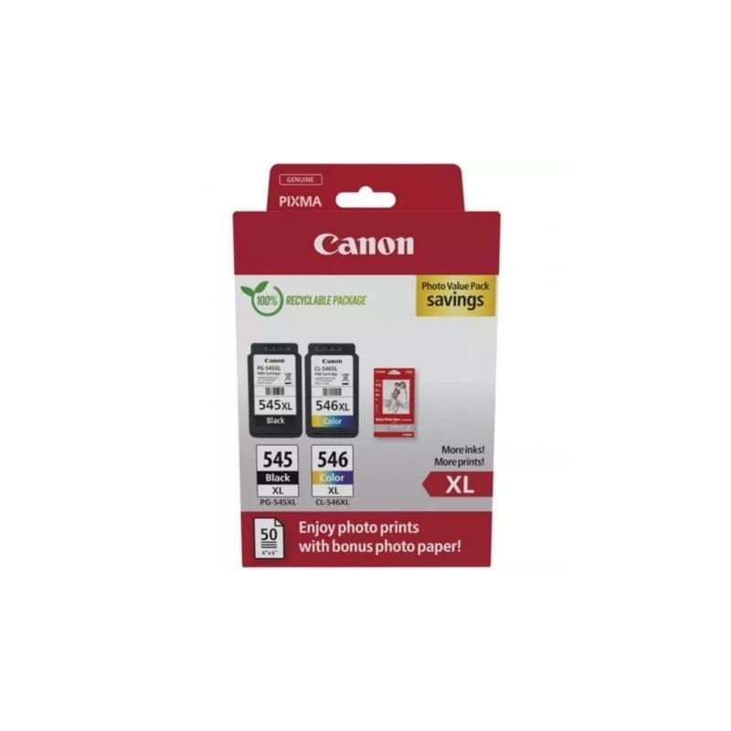 Cartucho de Tinta Original Canon PG-545XL + CL546XL Multipack Alta Capacidad- Negro- Tricolor + Papel Fotográfico