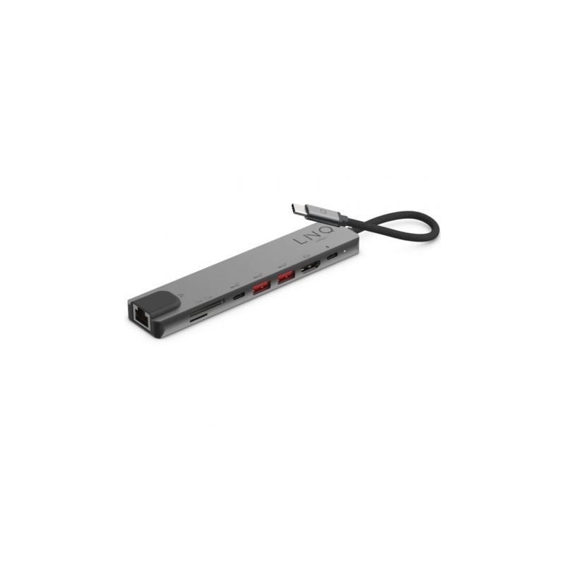 Docking USB Tipo-C Linq LQ48010- 1xUSB Tipo-C- 2xUSB- 1xHDMI 4K- 1xRJ45- 1xLector Tarjetas SD y Micro- 1xUSB Tipo-C PD- Gris