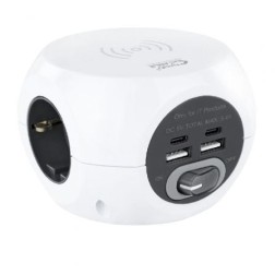 Regleta Nanocable 10-37-0002 con Carga inalámbrica- 3 Tomas de corriente- 2 USB A - 2 USB Tipo C- Cable 1-4m- Blanca