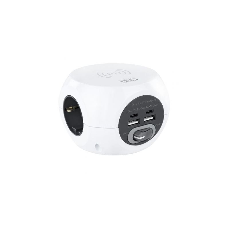 Regleta Nanocable 10-37-0002 con Carga inalámbrica- 3 Tomas de corriente- 2 USB A - 2 USB Tipo C- Cable 1-4m- Blanca