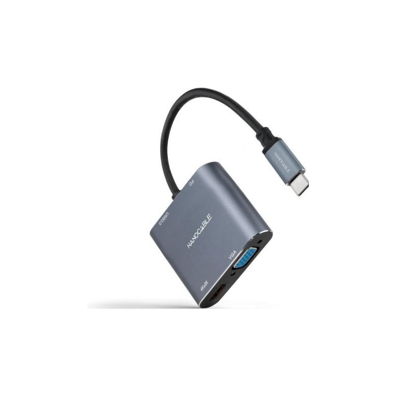 Conversor Nanocable 10-16-4304- USB Tipo-C Macho- HDMI 4K Hembra - VGA Hembra - USB Tipo-C PD Hembra - USB Hembra- 15cm- Gris