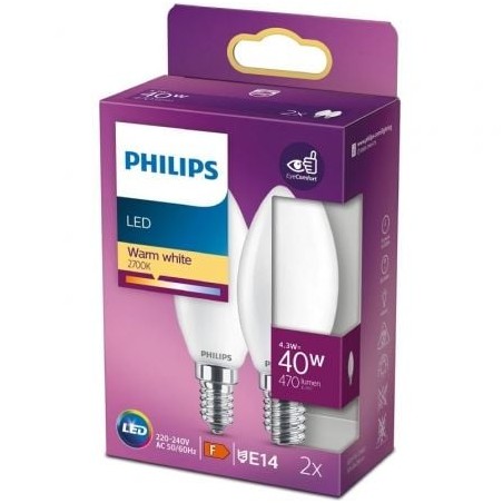 Bombilla Led Philips LED Classic- Casquillo E14- 4-3W- 470 Lúmenes- 2700K- Pack de 2 Uds