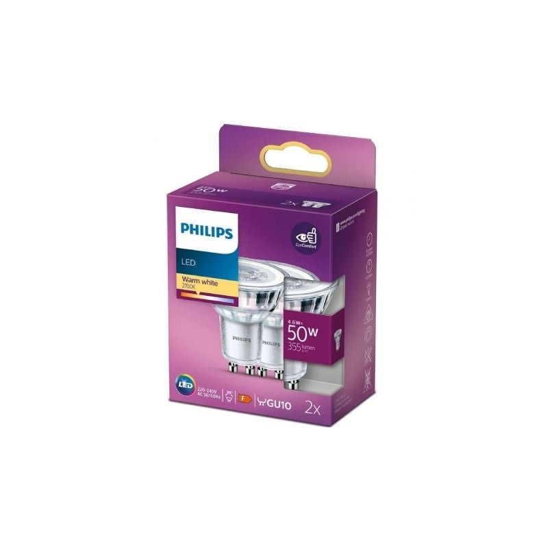 Bombilla Led Philips LED Classic- Casquillo GU10- 4-6W- 355 Lúmenes- 2700K- Pack de 2 Uds