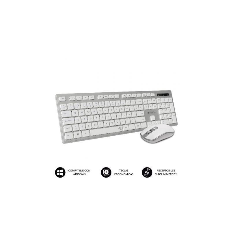 Teclado y Ratón Inalámbrico Subblim Combo Wireless Ergo Keys Silent Flat HQ- Plata y Blanco