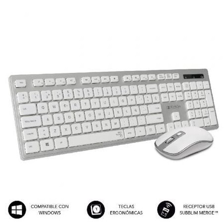 Teclado y Ratón Inalámbrico Subblim Combo Wireless Ergo Keys Silent Flat HQ- Plata y Blanco