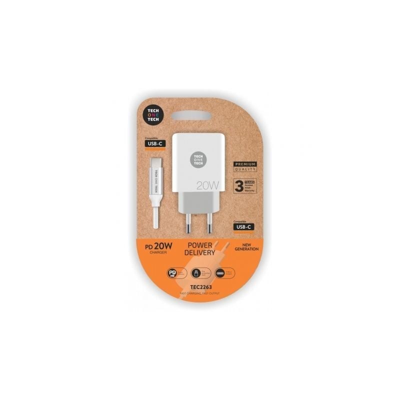 Cargador de Pared Tech One Tech TEC2263- 1xUSB Tipo-C + Cable USB Tipo-C- 3A- Blanco