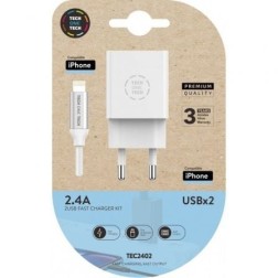 Cargador de Pared Tech One Tech TEC2402- 2xUSB + Cable Lightning- 2-4A- Blanco