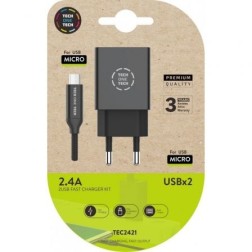 Cargador de Pared Tech One Tech TEC2421- 2xUSB + Cable Micro USB- 2-4A- Negro