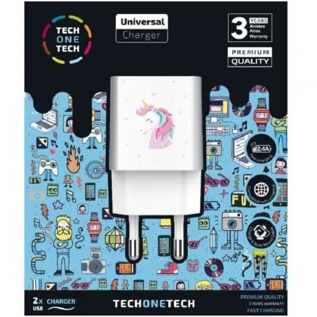 Cargador de Pared Tech One Tech Unicornio Dream- 2xUSB- 2-4A- Blanco