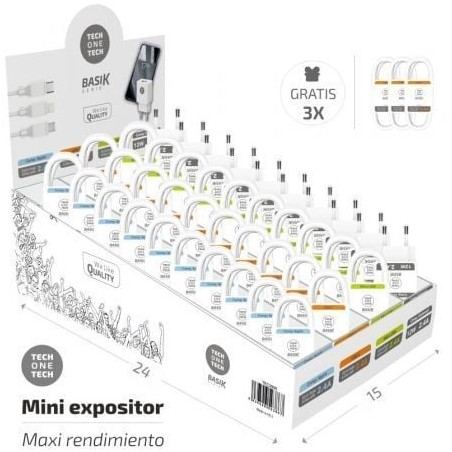 Expositor de Cargadores y Cables Tech One Tech Basik TEC2990- Incluye 30 Cables - 10 Cargadores - Regalo 3 Cables USB Tipo-C