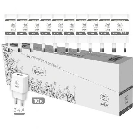 Pack 10 Cargadores de Pared Tech One Tech Basik TEC2954- 1xUSB- 12W