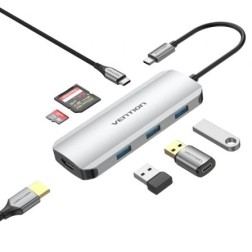 Docking USB Tipo-C Vention TOJHB- 1xHDMI- 3xUSB- 1xUSB Tipo-C- 1xLector tarjetas- Gris