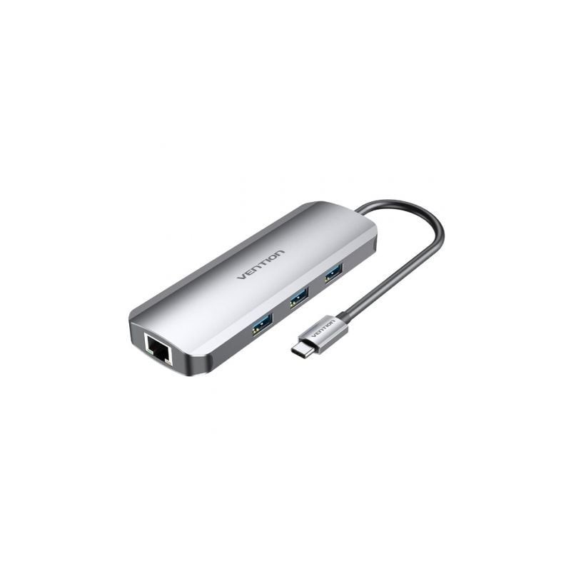 Docking USB Tipo-C Vention TOLHB- 1xHDMI- 3xUSB- 1xUSB Tipo-C PD- 1xRJ45- 1xLector Tarjetas SD- 1x MicroSD- Jack 3-5- Gris