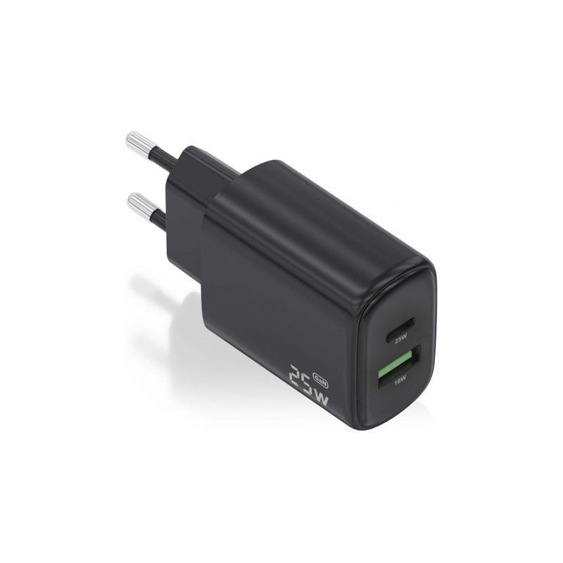 CARGADOR AISENS GAN 25W, 1XUSB-C PD3-0, 1XUSB-A QC3-0, NEGRO