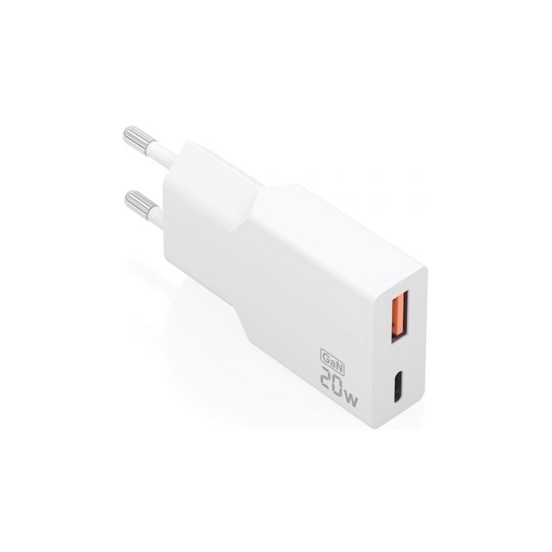 AISENS Cargador Ultra Delgado GaN 20W, 1xUSB-C PD3.0 QC4.0, 1xUSB-A QC3.0, Blanco