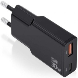 Cargador de Pared GaN Aisens ASCH-30W2P047-BK- 1xUSB Tipo-C- 1xUSB- 30W- Negro