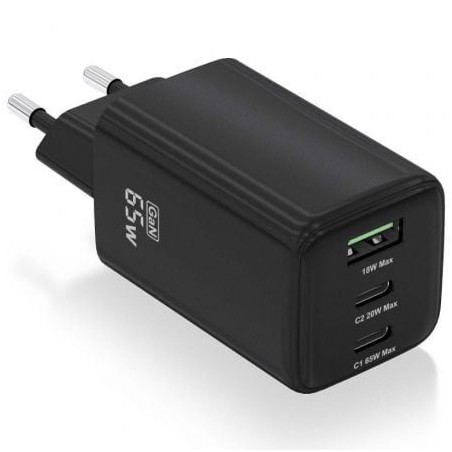 Cargador de Pared GaN Aisens ASCH-65W3P042-BK- 2xUSB Tipo-C- 1xUSB- 65W
