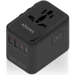 Cargador de Pared Universal GaN para Viaje Aisens ASPS-2A2C08-BK- Toma de Corriente Universal- 2xUSB Tipo-C- 2xUSB- 25W