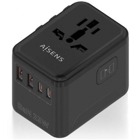 Cargador de Pared Universal GaN para Viaje Aisens ASPS-2A2C08-BK- Toma de Corriente Universal- 2xUSB Tipo-C- 2xUSB- 25W