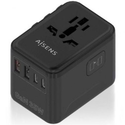 Cargador de Pared Universal GaN para Viaje Aisens ASPS-2A3C09-BK- Toma de Corriente Universal- 3xUSB Tipo-C- 2xUSB- 35W