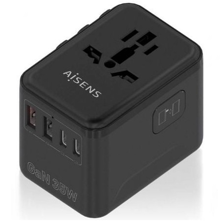 Cargador de Pared Universal GaN para Viaje Aisens ASPS-2A3C09-BK- Toma de Corriente Universal- 3xUSB Tipo-C- 2xUSB- 35W