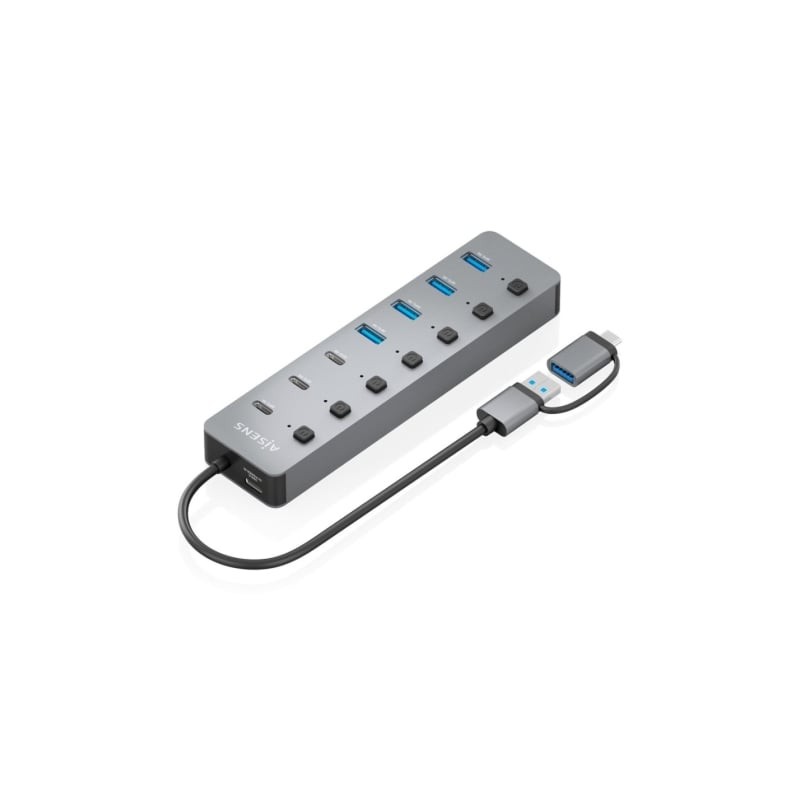 AISENS Hub USB3.1 Gen1 USB-C USB-A, USB-C/M+USB-A/M-4xUSB-A/H+3xUSB-C/H+1xUSB-C/H ALIM., Gris, 30cm