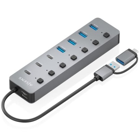 Hub USB Tipo-C + USB 3-1 Aisens ASUC-8P043-GR- 4xUSB- 3xUSB Tipo-C- 1xUSB Tipo-C PD- Gris