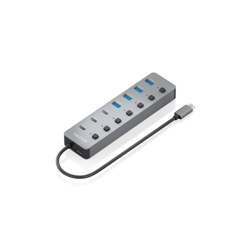 AISENS Hub USB3.2 Gen2 10G USB-C, USB-C/M-4xUSB-A/H+3xUSB-C/H+1xUSB-C/H PD3.0 100W, Gris, 30cm