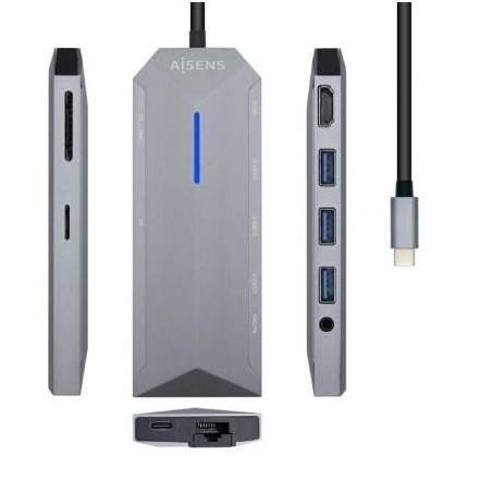 Docking USB Tipo-C Aisens ASUC-9P001-GR- 1xHDMI 4K- 3xUSB- 1xRJ45- 1xAudio- 1xLector Tarjetas - 1xUSB Tipo-C PD- Gris
