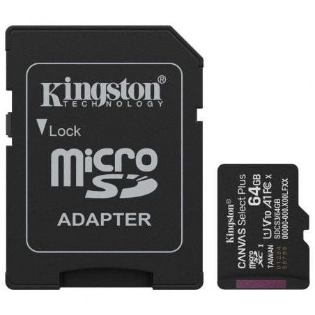 Tarjeta de Memoria Kingston CANVAS Select Plus 64GB microSD XC con Adaptador- Clase 10- 100MBs