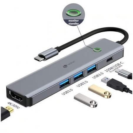 Docking USB Tipo-C Leotec LEDS05- 3xUSB- 1xUSB Tipo-C PD- 1xHDMI 4K- Gris