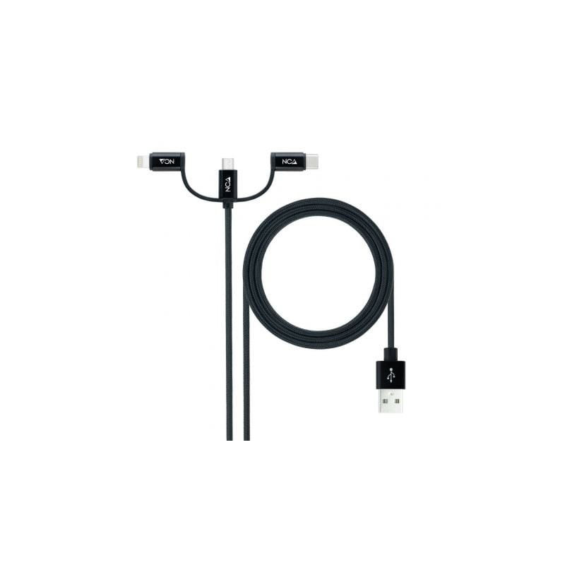 Cable USB 2-0 Nanocable 10-01-3200- Lightning Macho - Micro USB Macho- USB Tipo-C Macho- 480Mbps- 1m- Negro