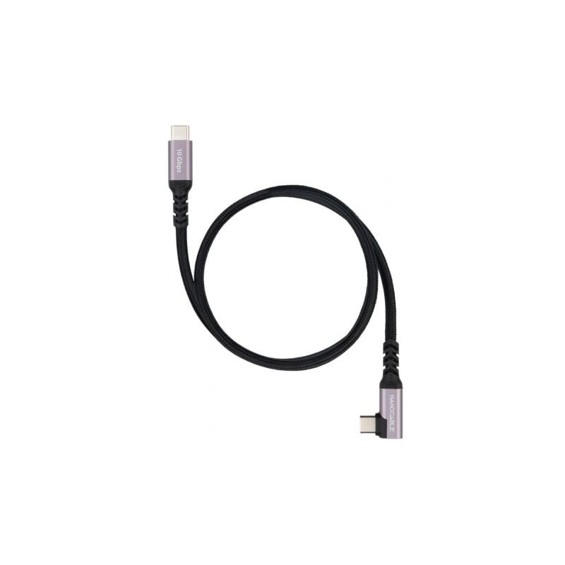 Cable USB 3-2 Tipo-C Acodado Nanocable 10-01-4701- USB Tipo-C Macho - USB Tipo-C Macho- Hasta 100W- 10Gbps- 1m- Negro