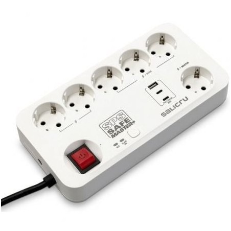 Regleta con interruptor Salicru SAFE MASTER+- 5 Tomas de corriente- 1 Master- 2 USB Tipo-C- 1 USB- Cable 1-4m- Blanca