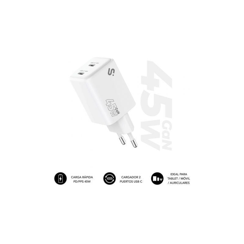 Cargador de Pared GaN Subblim 45W Charger USB C+C- 2xUSB Tipo-C- 45W