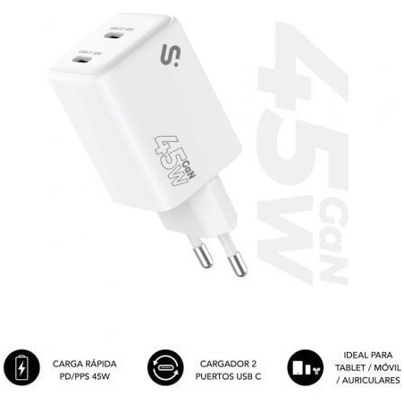 Cargador de Pared GaN Subblim 45W Charger USB C+C- 2xUSB Tipo-C- 45W