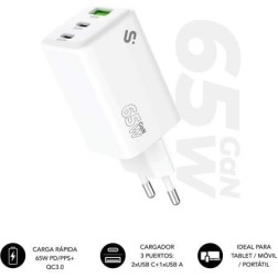 Cargador de Pared GaN Subblim 65W Charger USB C+C+A- 2xUSB Tipo-C- 1xUSB- 65W
